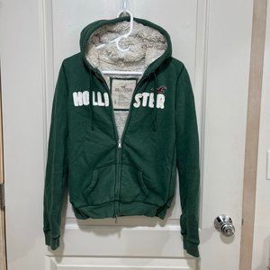Hollister Soft Faux Fur Fuzzy Warm Zip Up Hooded Jacket green Large